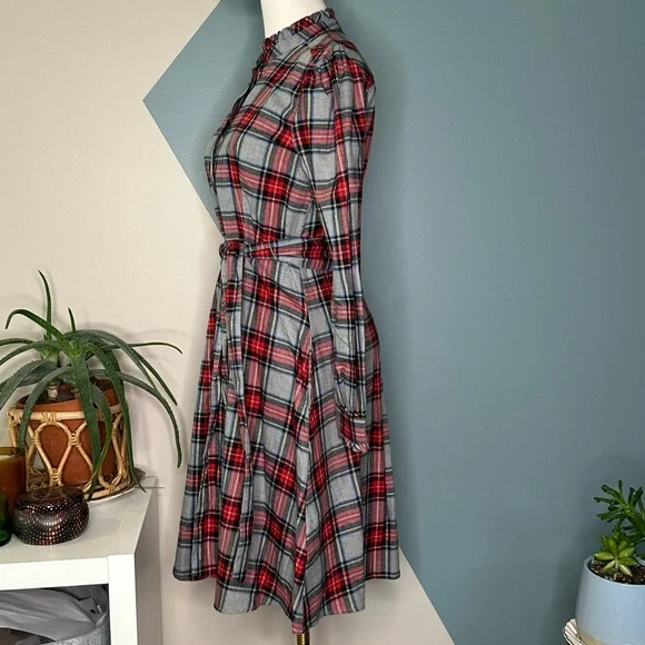 UNTUCKit Harrison Plaid Flannel Shirtdress Red Grey Tartan Belted Pockets Size S - Picture 3 of 12